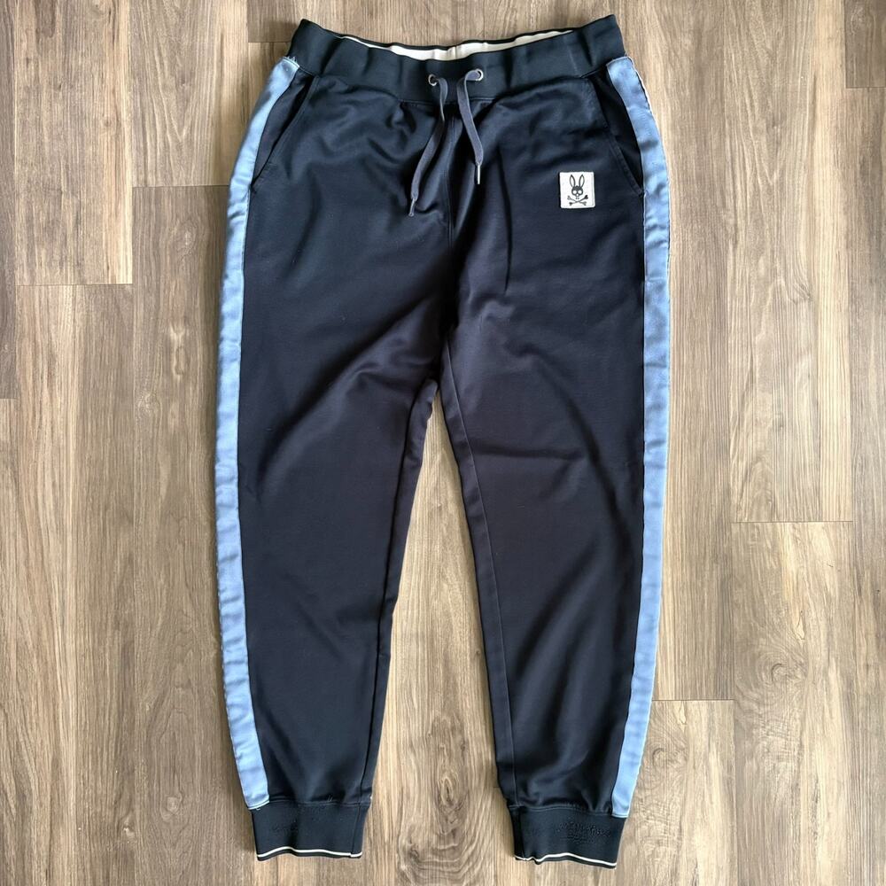 Psycho Bunny Jogger Pants Men’s Size XL Navy Blue Striped Logo Polyester